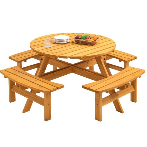 8 Person Wooden Picnic Table, Outdoor Camping Dining Table with Seat, Garden, DIY w/ 4 Built-in Benches, 2220lb Capacity - Natural 8 Person Wooden Picnic Table, Outdoor Camping Dining Table with Seat, Garden, DIY w/ 4 Built-in Benches, 2220lb Capacity - Natural