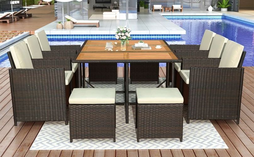 TOPMAX 11-Piece Patio All-Weather PE Wicker Dining Table Set with Wood Tabletop for 10, Brown Rattan+Beige Cushion TOPMAX 11-Piece Patio All-Weather PE Wicker Dining Table Set with Wood Tabletop for 10, Brown Rattan+Beige Cushion